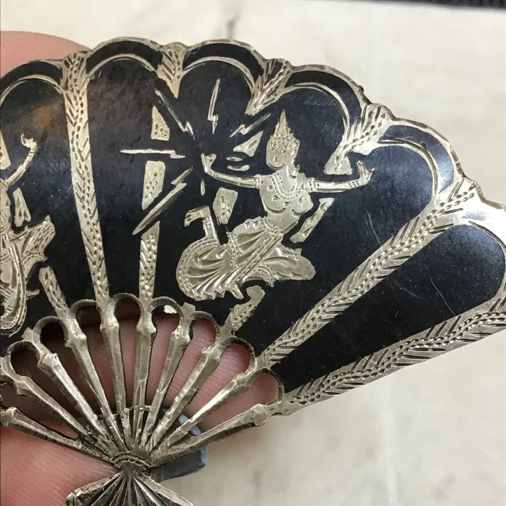 Vintage Fan Pin Sterling‎ Silver Goddesses Temple Dancers WWII Era Brooch Siam